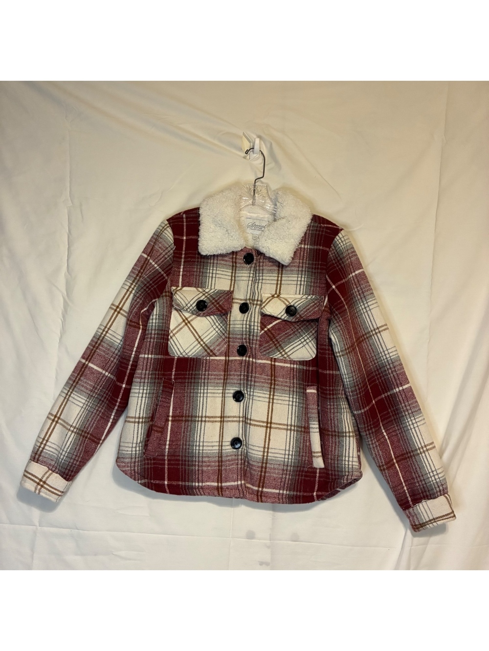 Special One Plaid Womans Sherpa Collar Fleece Lined Shacket Red Cream Sz M